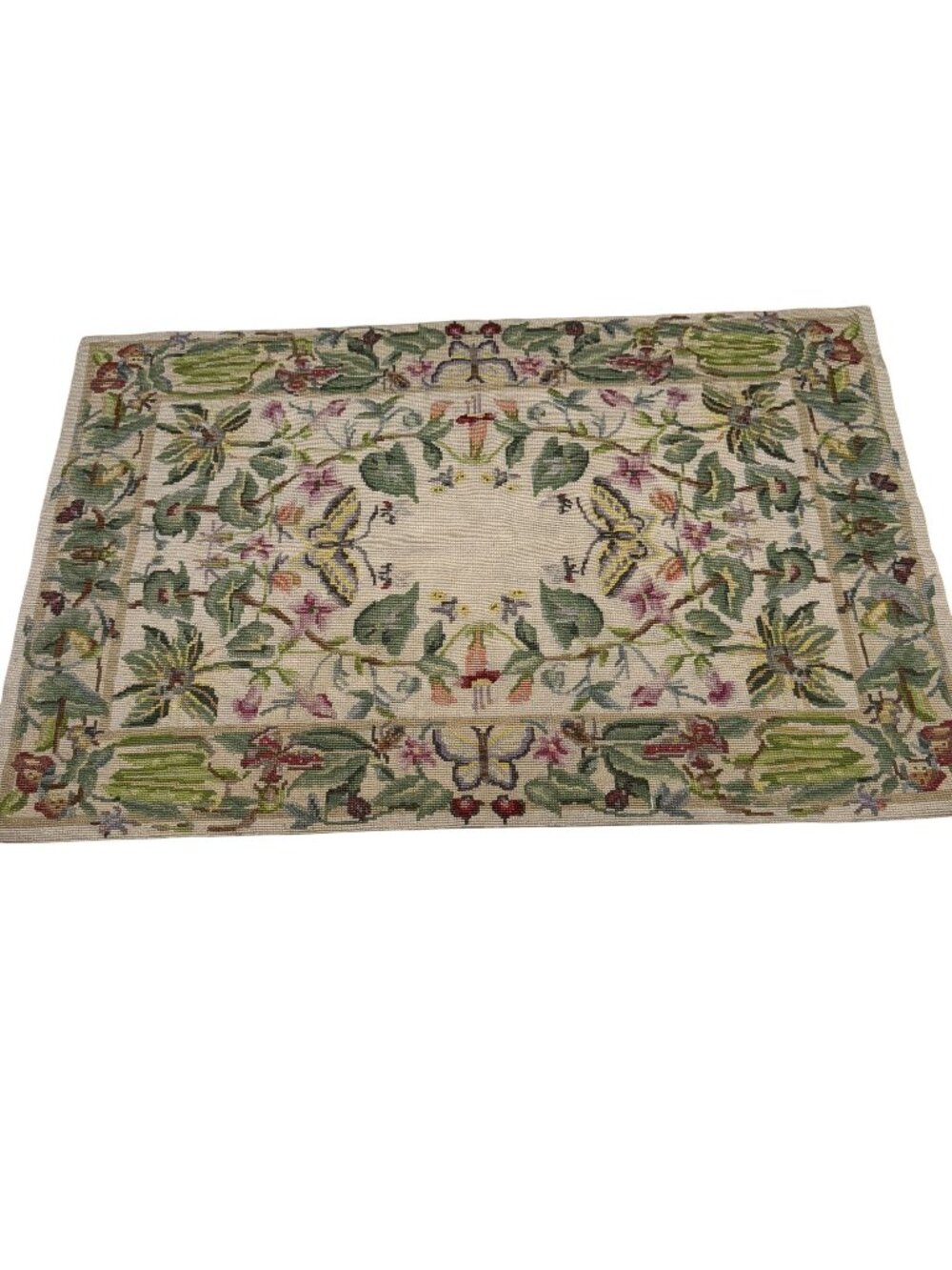 Needlepoint Hand Embroidered Aubusson Style Tapestry Mat Green Botanical Print 3